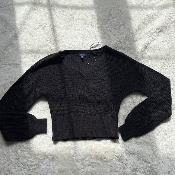 UK2LA Black Ribbed Knit Wrap Sweater Crop Top - Long Sleeve Size Small - Picture 1 of 5